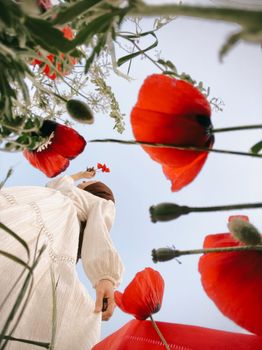 A unique upward view capturing vibrant red poppies and a person in a dress against a clear sky.