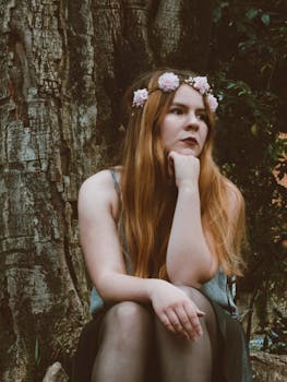 在哥伦比亚昆迪纳马卡，一位戴着花冠的妇女坐在树旁