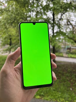 A close-up of a hand holding a smartphone with a green screen outdoors, perfect for mockup and design presentations.