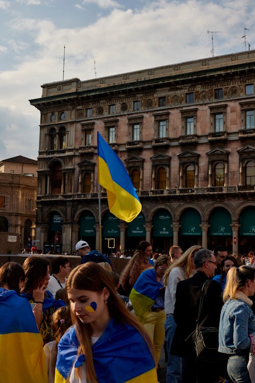 People with Ukrainian Flags on Manifestation