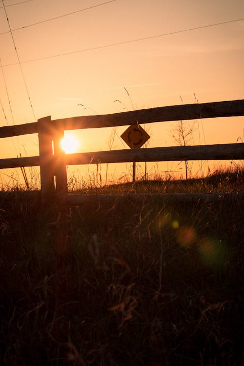 Silhouette of Wooden Fence on Green Grass Field During Sunset