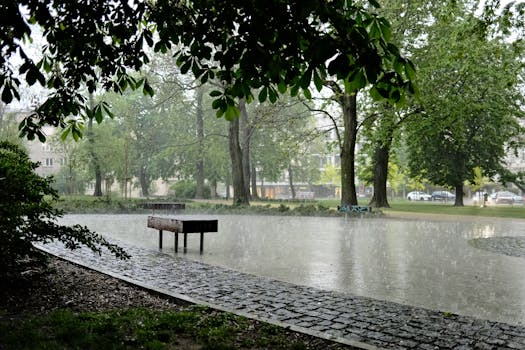 A serene city park during a gentle rain shower, perfect for tranquil reflections.