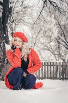 Charming woman crouching in snow, wearing a red beret and knit sweater in a picturesque winter setting.