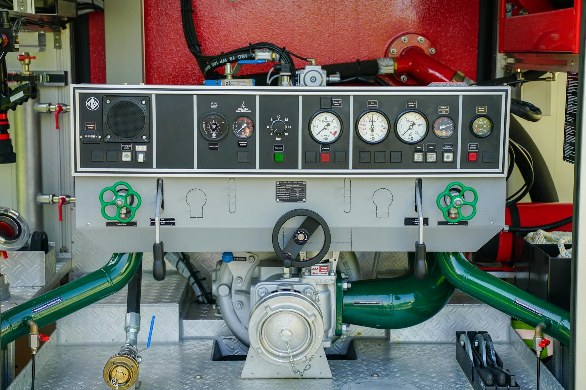Close-up view of a fire truck dashboard with gauges and control levers.