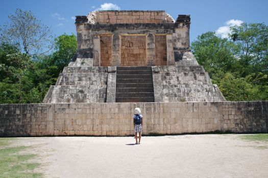 Tourist Admiring Ancient Mayan Pyramid