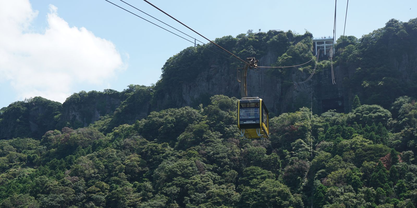 Cable car traveling above lush green forest with mountains behind