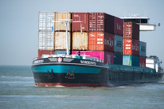 A cargo ship named Sorrento carrying colorful containers on the open sea.