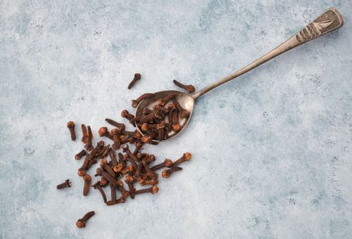 Free Top view of aromatic cloves scattered beside a vintage silver spoon on a textured surface. Stock Photo