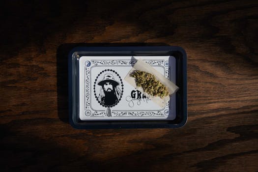 Cannabis and rolling paper on a decorative tray featuring a bearded portrait, placed on a wooden background.