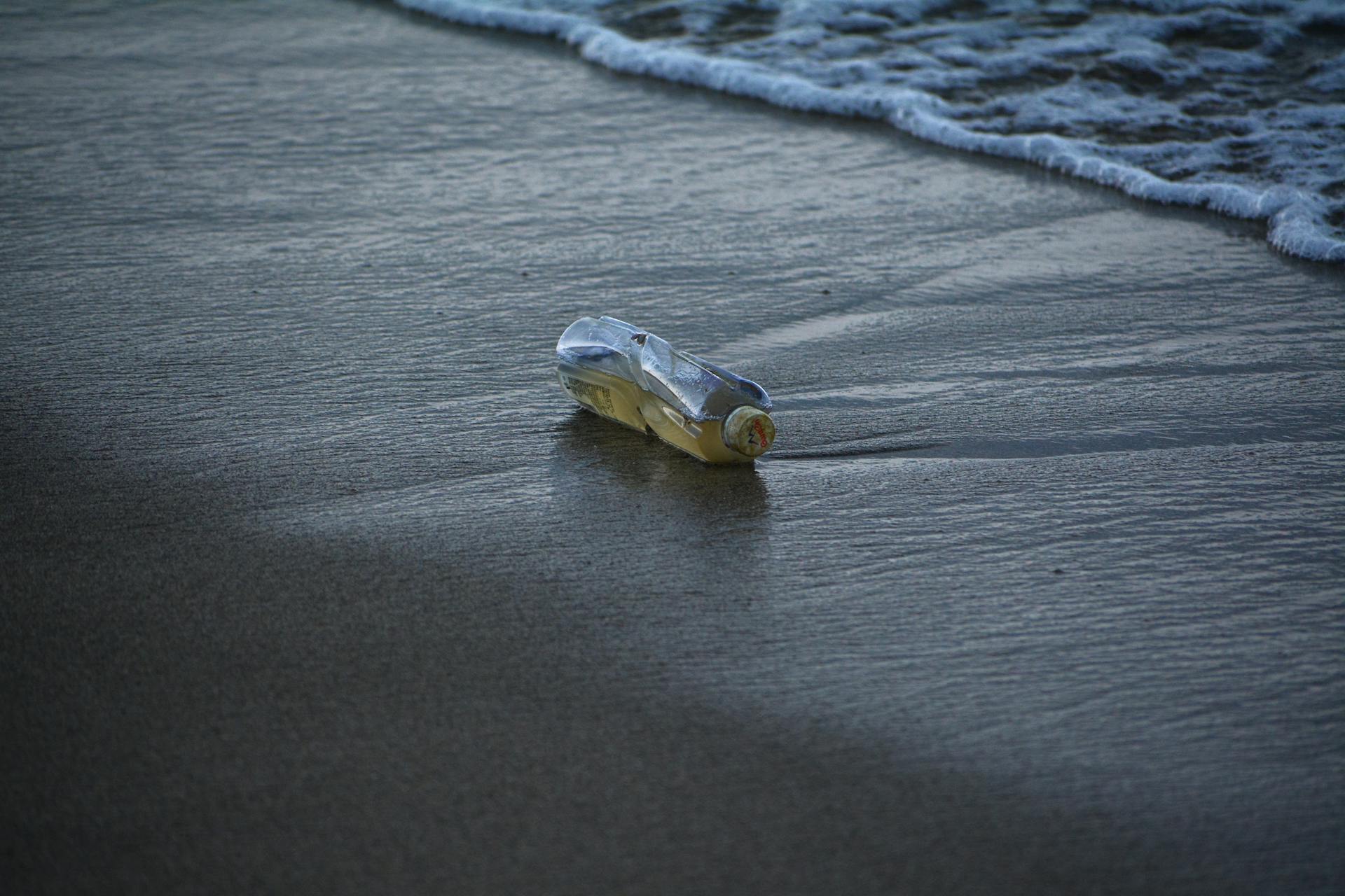 Plastic bottle littering a beach, highlighting pollution issues by the sea.