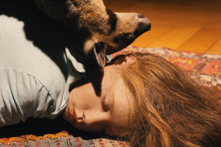 A Girl And A Young Kangaroo Sleeping Together