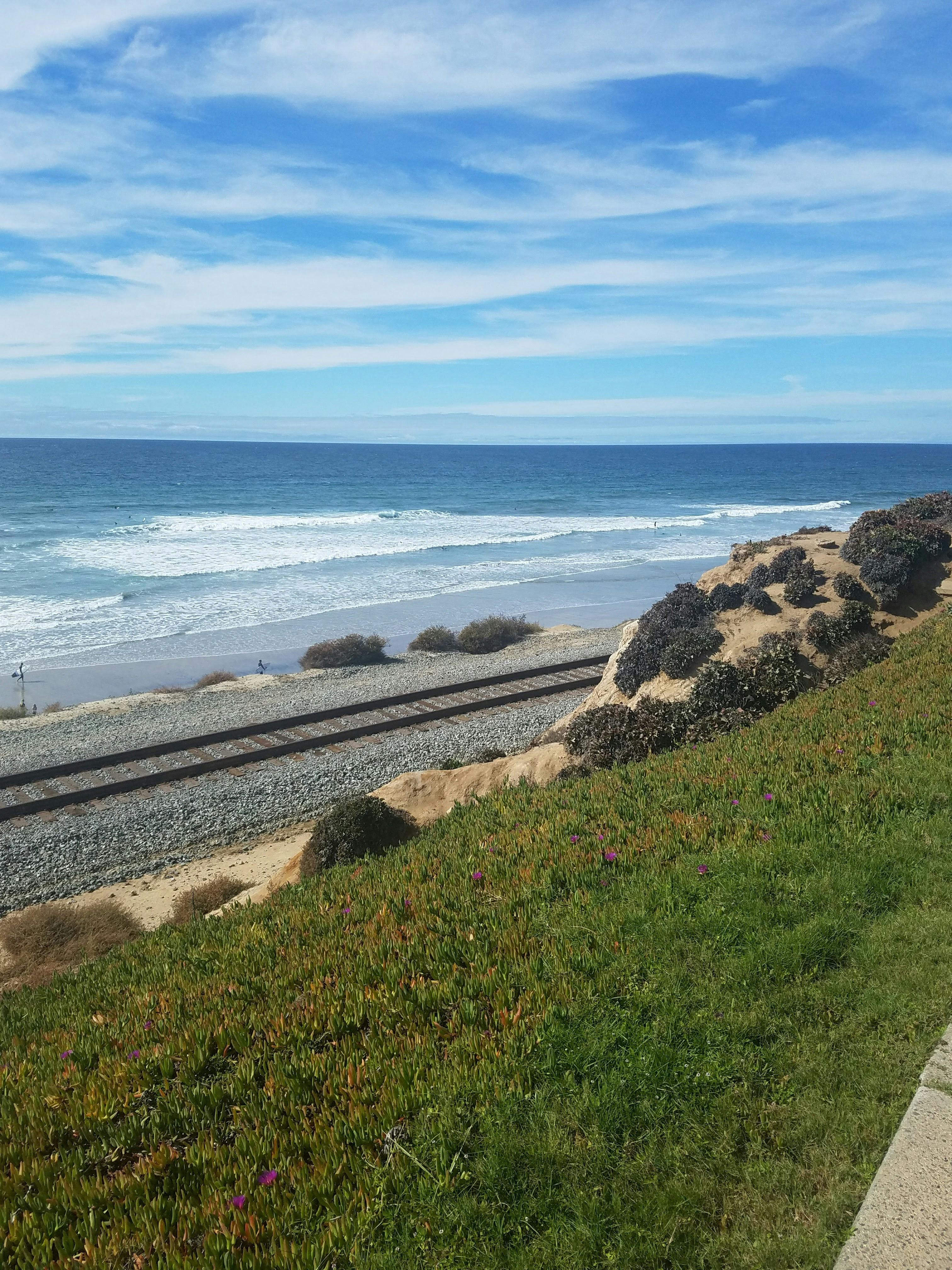 Beautiful coastal scene in San Diego with ocean waves and railroad tracks on a sunny day.
