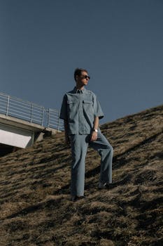 Stylish man wearing denim attire posing on a grassy slope with a clear blue sky.
