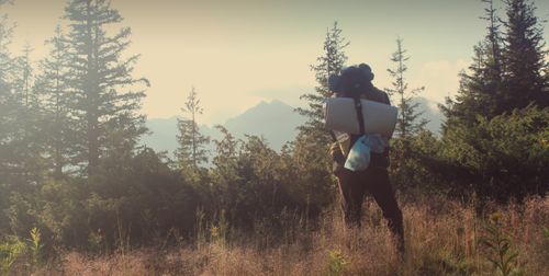 Free A lone hiker with a backpack and sleeping mat in a sunny mountain landscape. Stock Photo