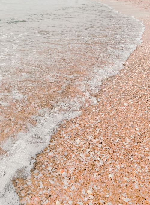 Free Calm waves gently touching a shell-strewn beach under a summer sky. Stock Photo