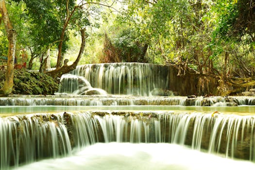 Tranquil waterfall cascading through lush greenery in Luang Prabang, Laos.