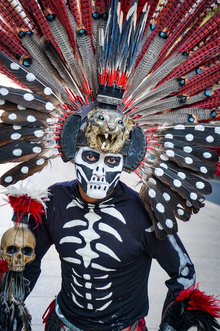 Dancer Of Aztec Death Dance In Macabre Disguise