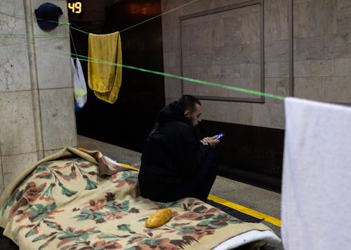 Man in Shelter in Kiev, Ukraine