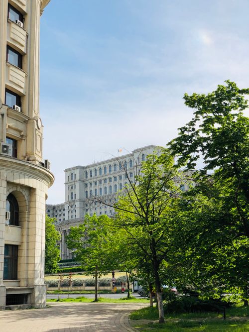 Free A grand building surrounded by lush green trees under a clear blue sky. Stock Photo