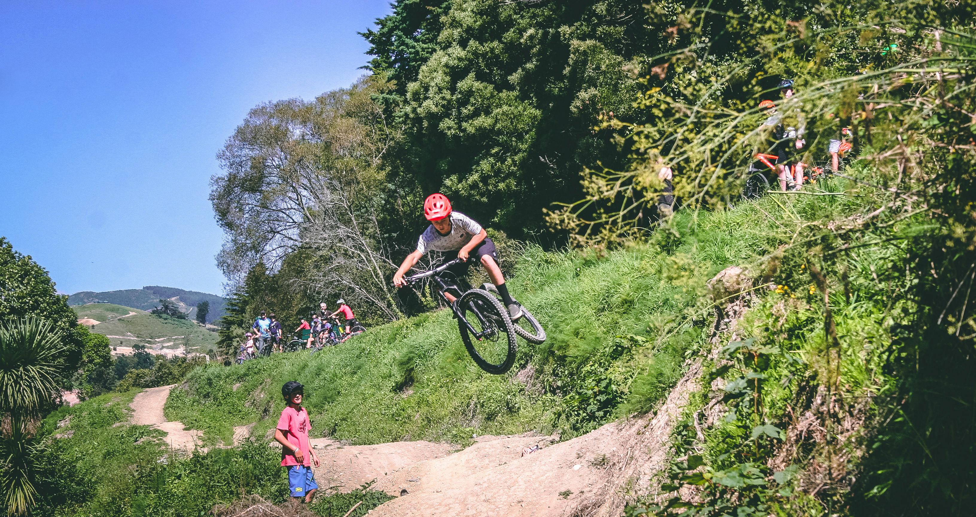 Free stock photo of double jump, full suspension mountain bike, grass