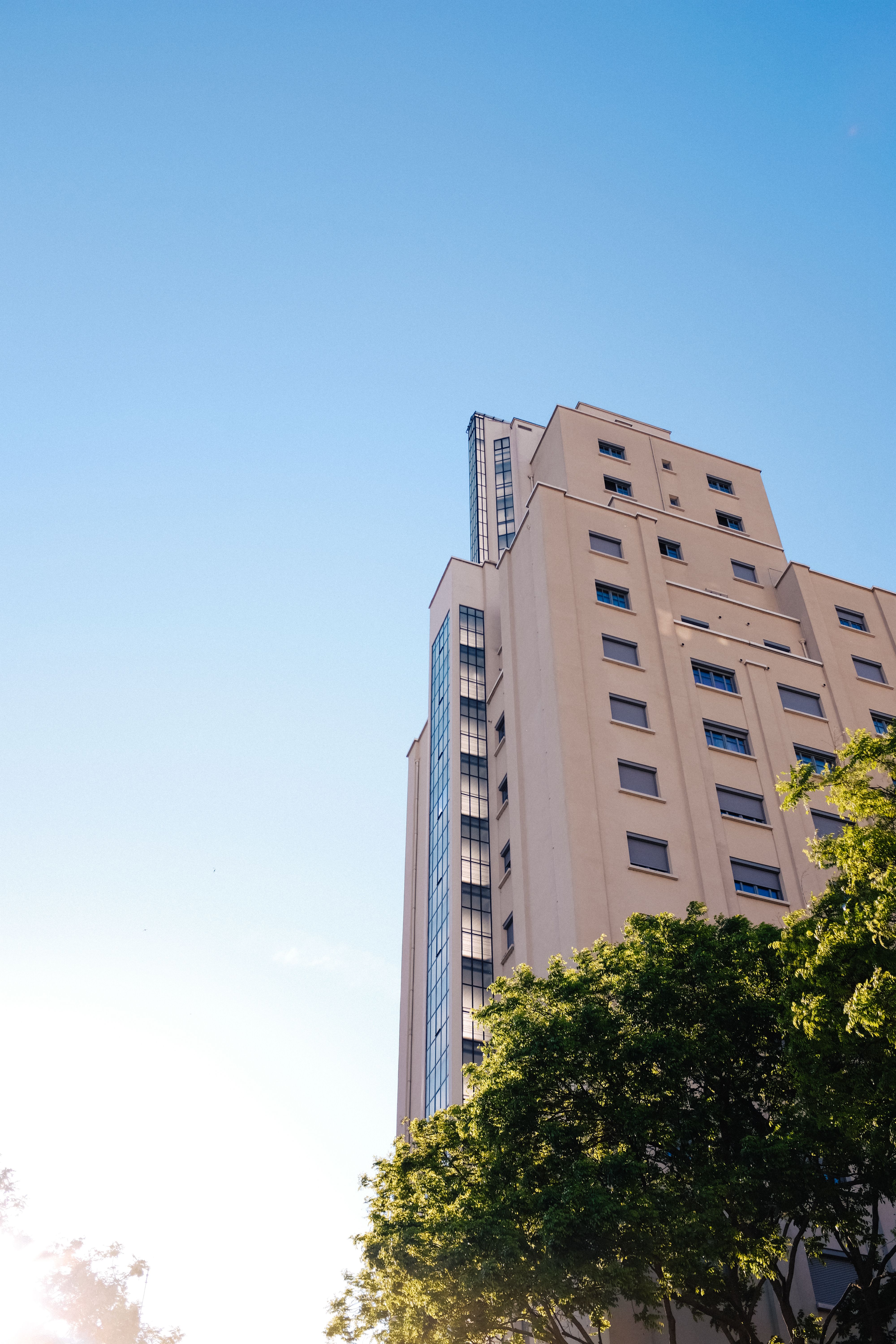Low Angle Shot of Gray Building Beside Green Tree Under Blue Sky · Free ...