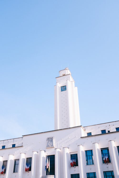 Low Angle Shot of Villeurbanne City Hall Under Blue Sky