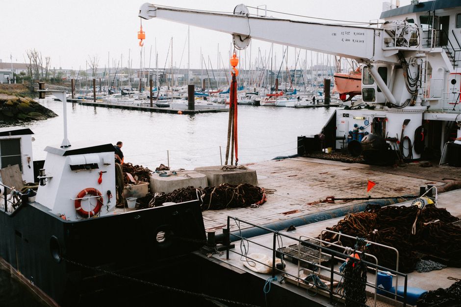 Large cargo ship docked at a bustling harbor with cranes and moored boats creating a busy industrial scene.