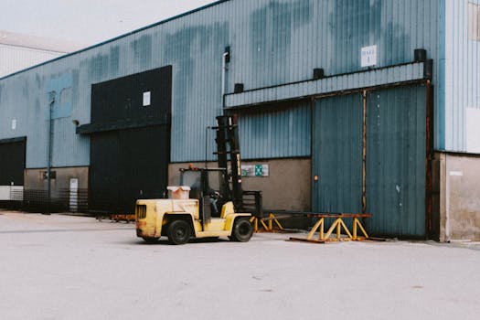 A forklift parked outside an industrial warehouse loading area on a sunny day.