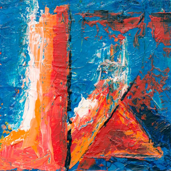 A colorful abstract expressionist painting with vibrant hues on canvas.