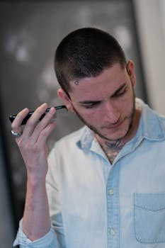 Man in casual attire using electric razor for grooming indoors, focusing on detail.