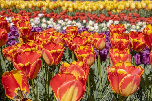 Colorful tulip field in full bloom, showcasing vibrant red, yellow, and purple hues in Lisse, Netherlands.