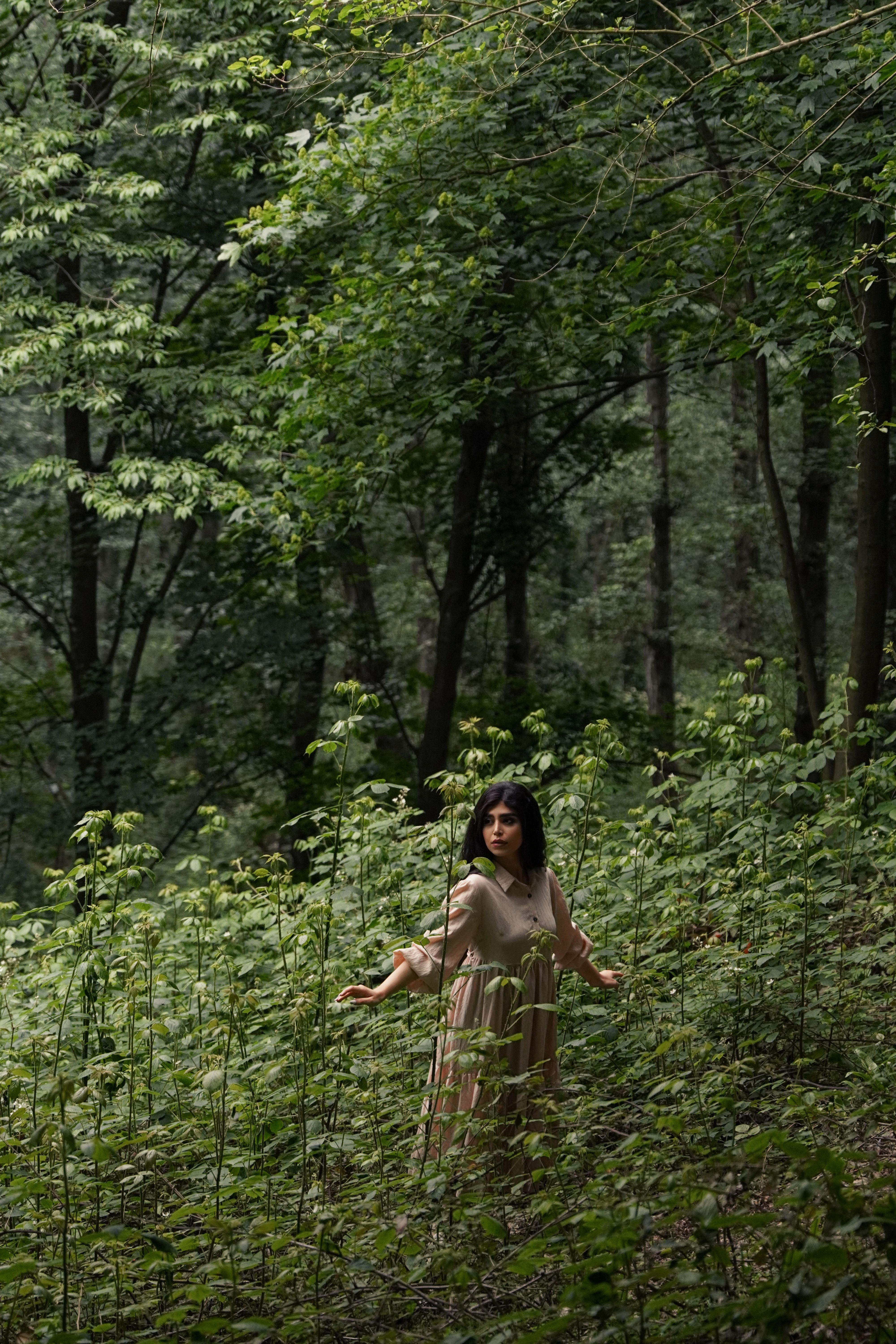 A woman in a pink dress standing amidst lush green forest foliage, embracing nature.