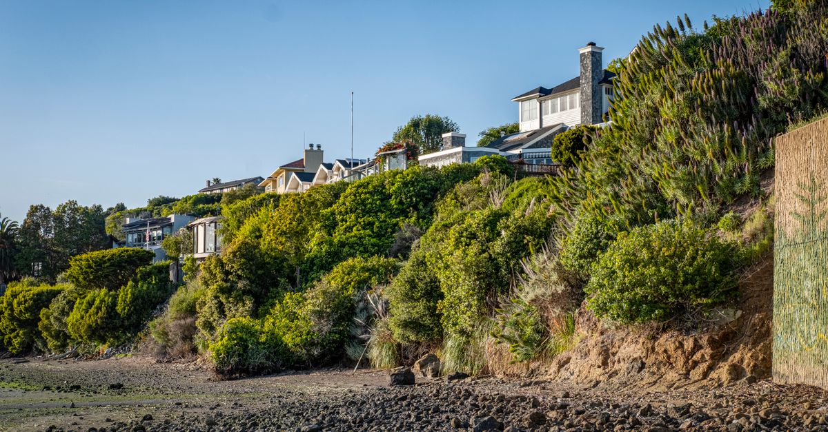 Scenic view of a coastal residential area featuring lush greenery and modern houses atop a rocky shoreline.