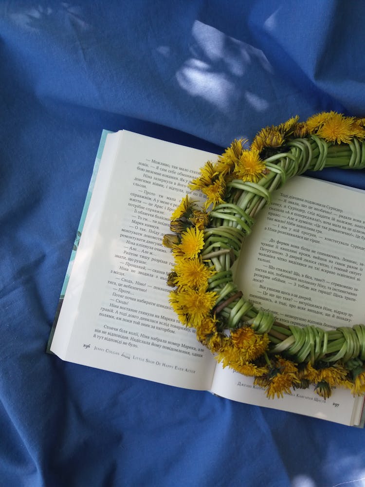 Green And Yellow Floral Wreath On Book Page