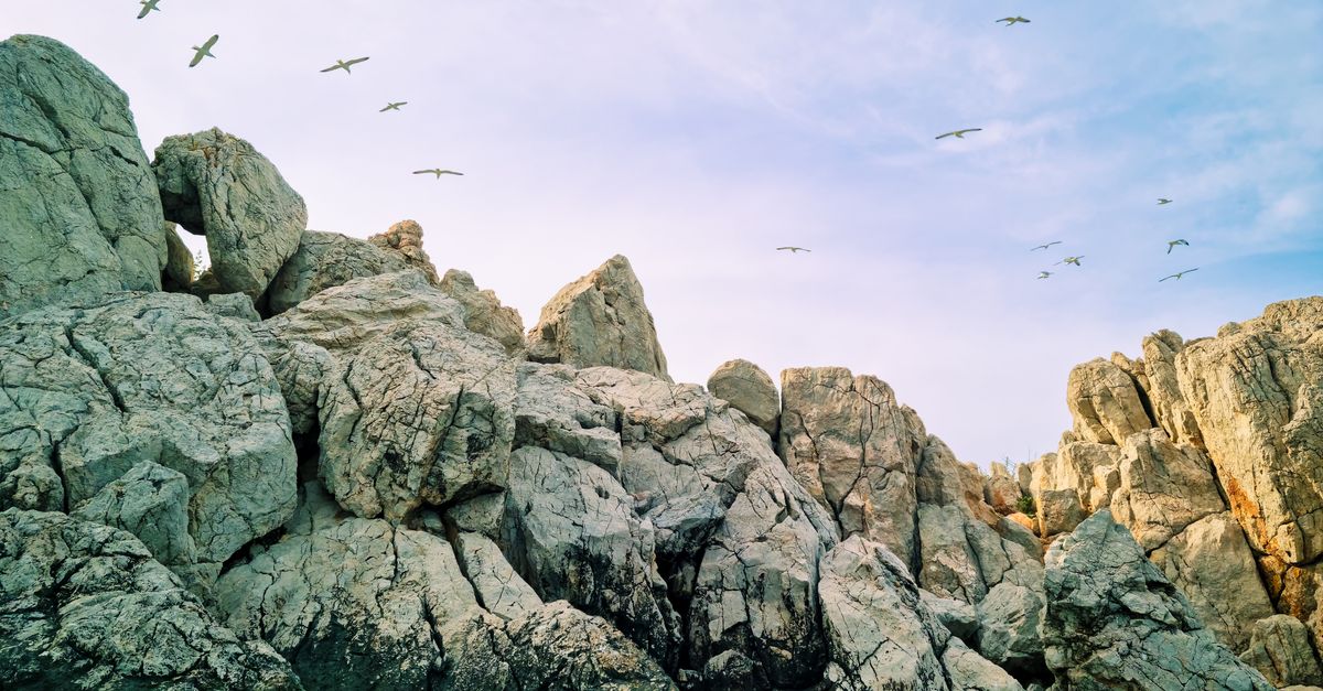 Birds Flying over Big Rocks Under Blue Sky · Free Stock Photo