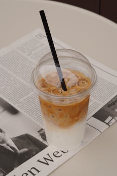 Iced coffee in a plastic cup with straw on a newspaper. Perfect for coffee lovers and casual settings.