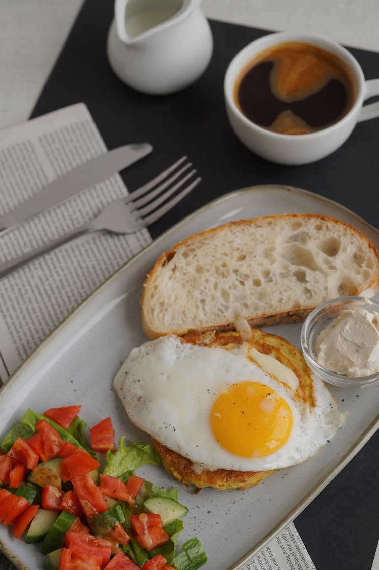 Egg On Toast And Veg Salad With Morning Cup Of Coffee