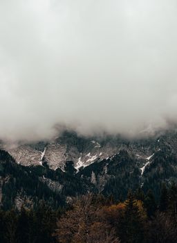 Misty mountain landscape with cloud-covered peaks in Grainau, Germany.