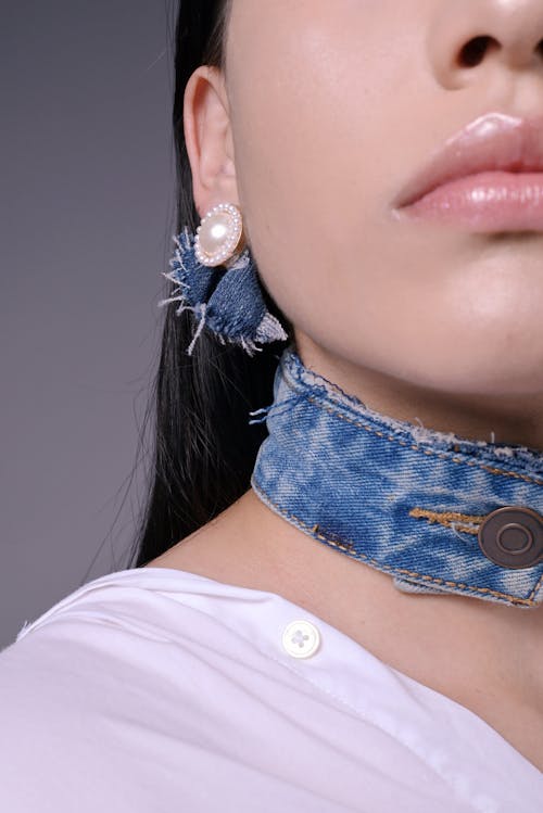 A Woman Wearing a Denim Choker