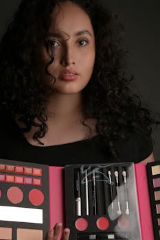 Portrait of a woman holding a makeup kit with brushes and cosmetics against a dark background.