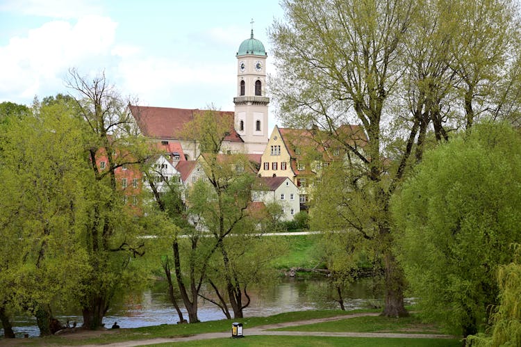 St. Mang Church Seen From River Shore In Regensburg, Germany