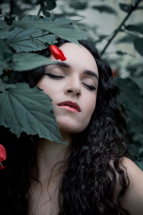 Free A serene portrait of a young woman with eyes closed, surrounded by lush leaves in São Paulo. Stock Photo