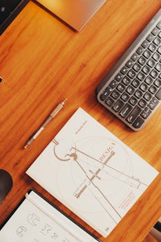 Organized workspace featuring a notebook, keyboard, and office supplies.