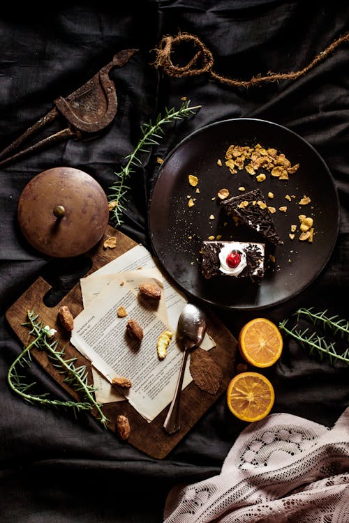 Free Chocolate Cake with Cherry Fruit in Arranged Presentation  Stock Photo