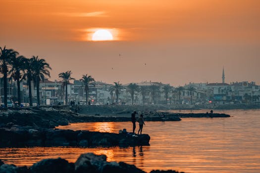 Silhouettes of people on a rocky shore against a vibrant sunset with palm trees and cityscape.