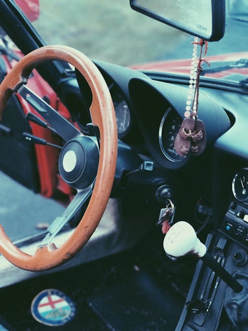 Wooden Steering Wheel of a Car