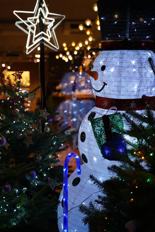 Free Illuminated snowman with Christmas lights and decorations at night, creating a festive atmosphere. Stock Photo