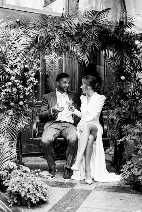 Sitting Newlyweds in Black and White