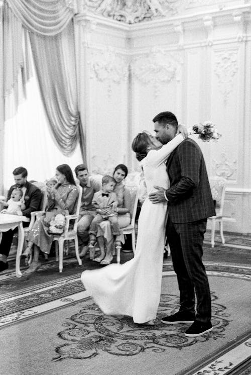 Black and White Photo of Bride and Groom Dancing