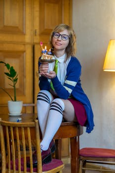 Young woman sitting indoors, celebrating her birthday with a lighted cake and vibrant decor.